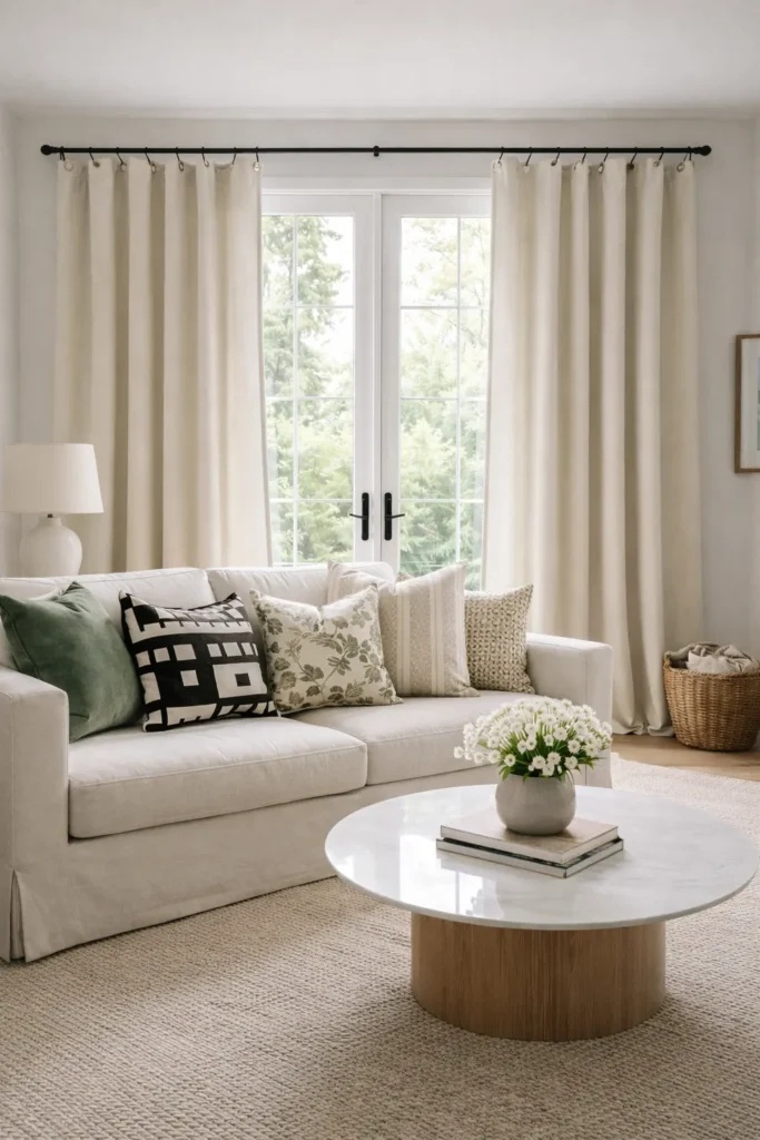 Mixed pattern throw pillows in coordinating colors