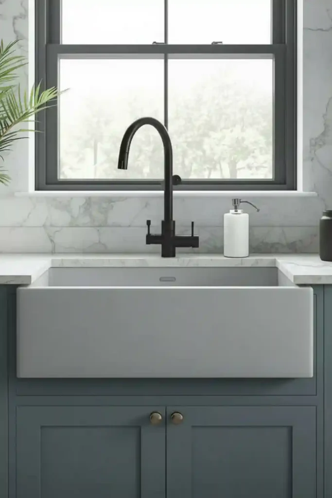 Nickel plated sink in pale blue vintage kitchen
