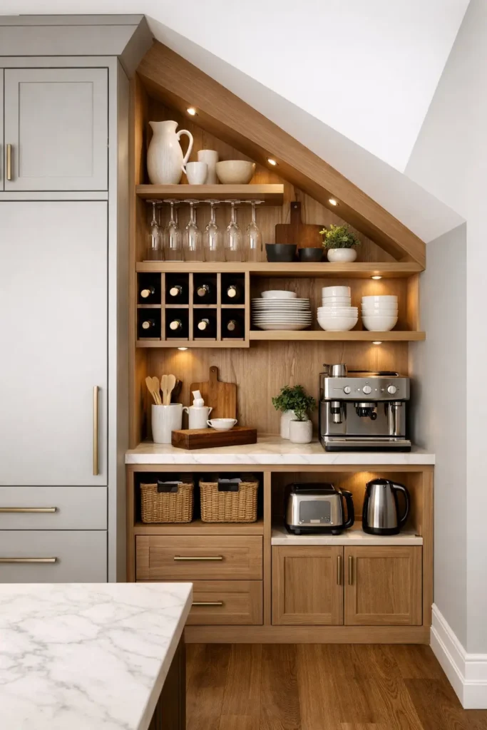 Custom built-in shelving fitting awkward kitchen nooks and corners