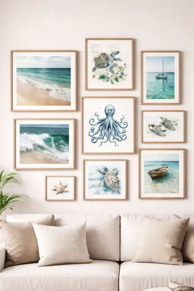 Ocean watercolor prints on gallery wall
