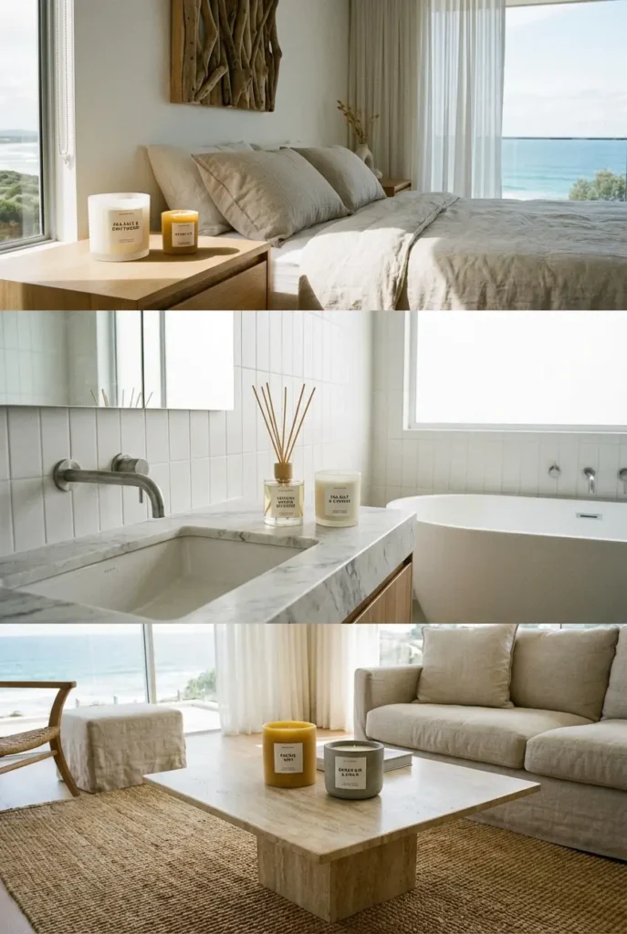 Ocean-scented soy candle on wooden tray
