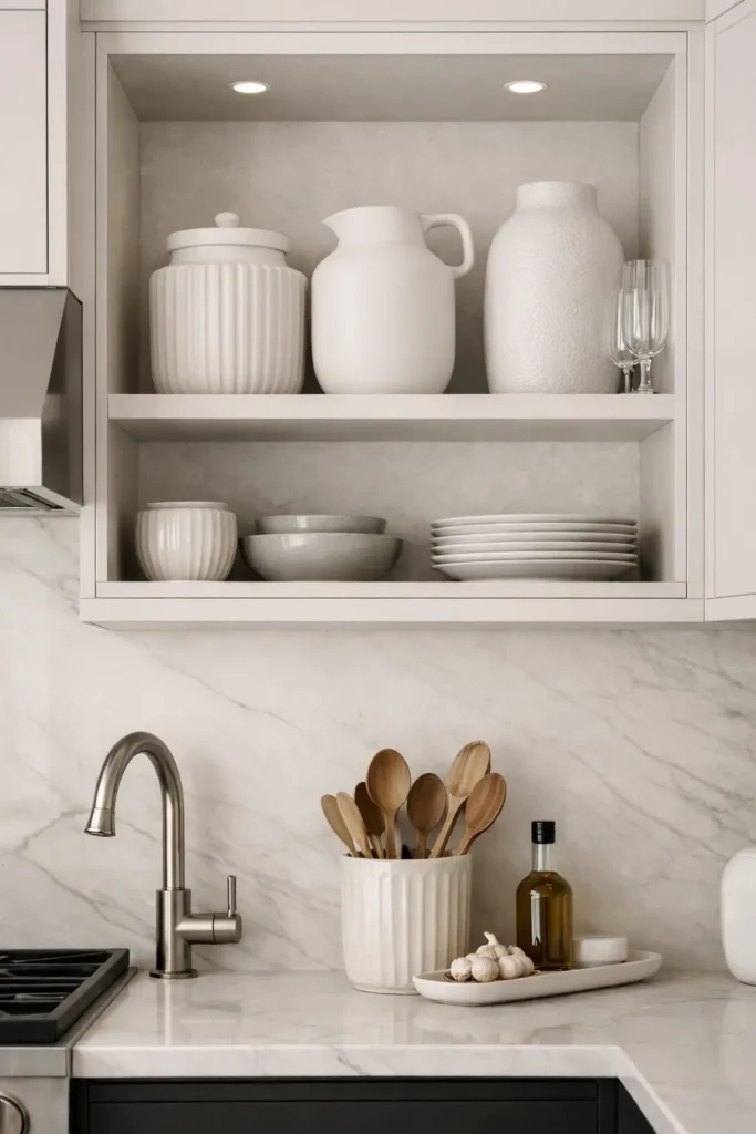 Rustic clay pots on top of kitchen cabinets
