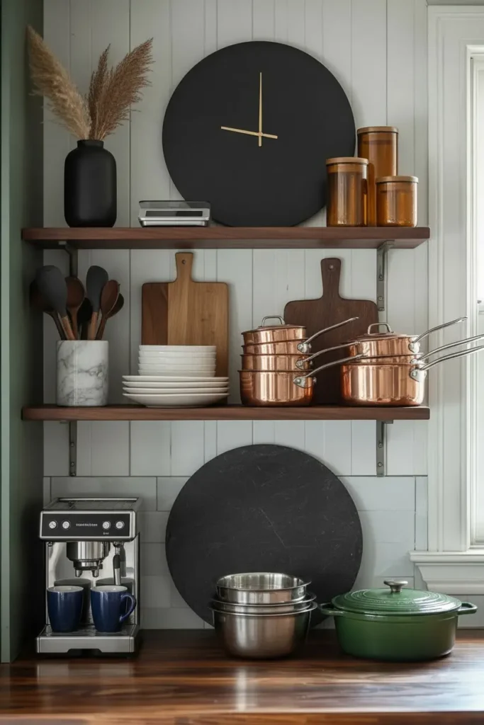 Vintage kitchen tools displayed above cabinets
