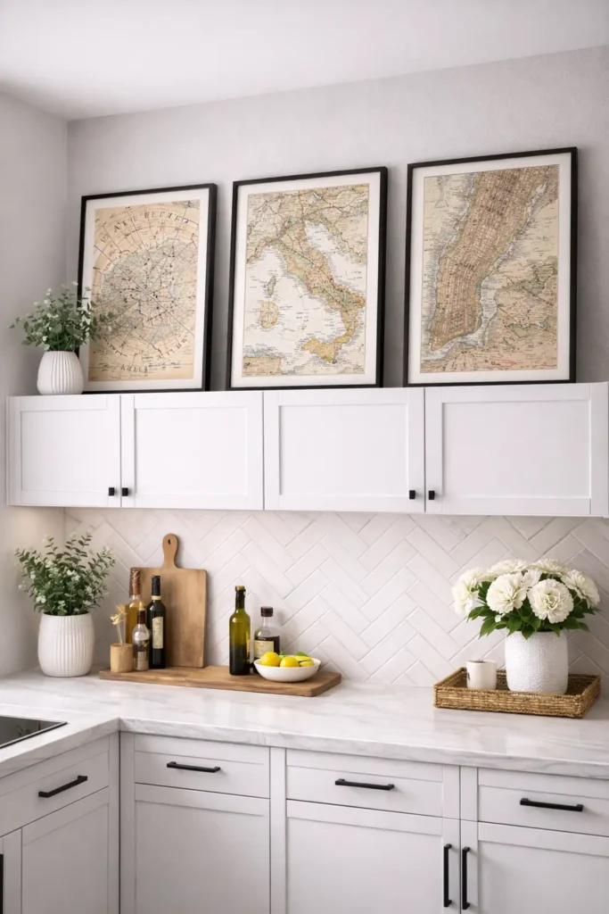 Vintage maps in frames above kitchen cabinets
