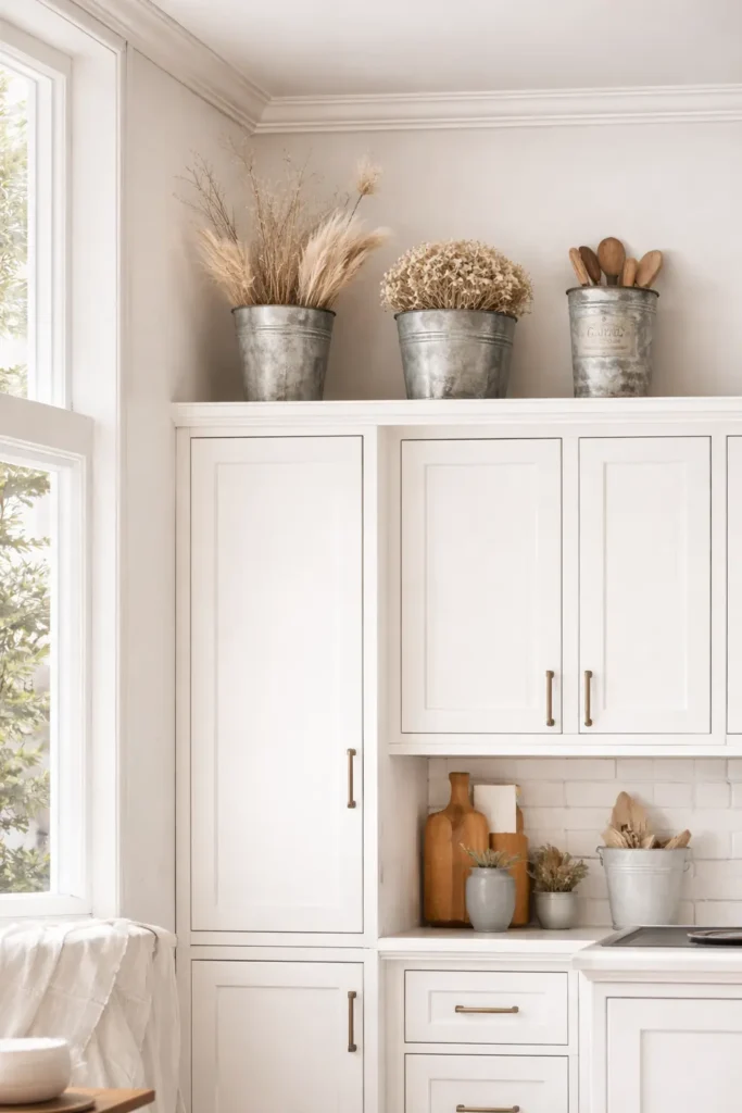 Galvanized buckets with dried stems above cabinets

