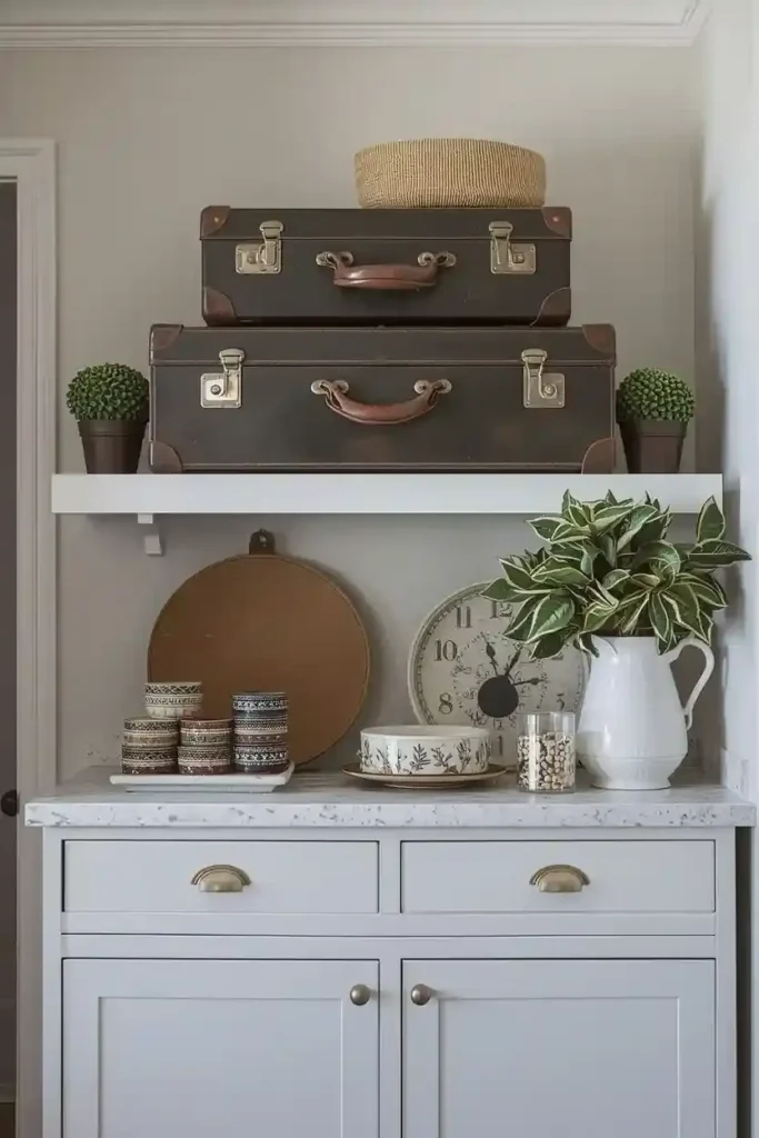 Vintage suitcases stacked above kitchen cabinets
