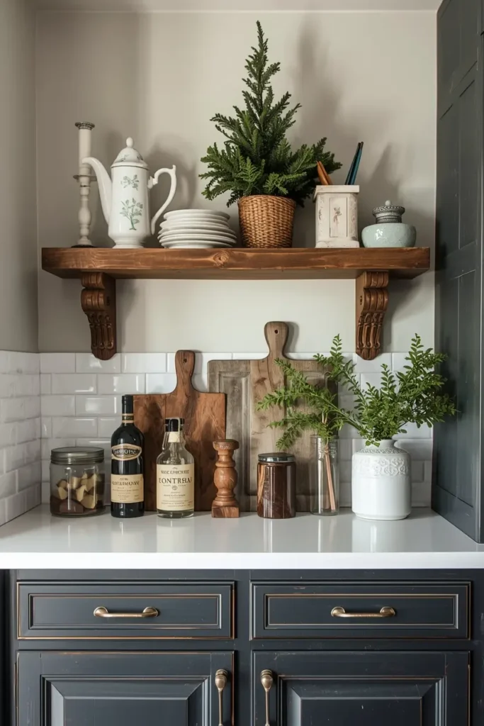 Antique wooden corbels grouped above cabinets
