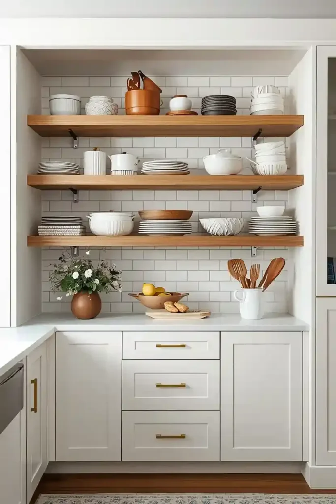 Open kitchen shelves without backing displaying dishes and cookware
