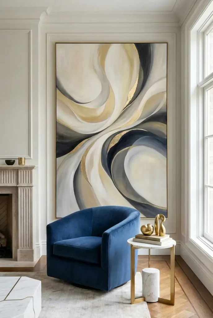 Large abstract canvas art in neutral living room