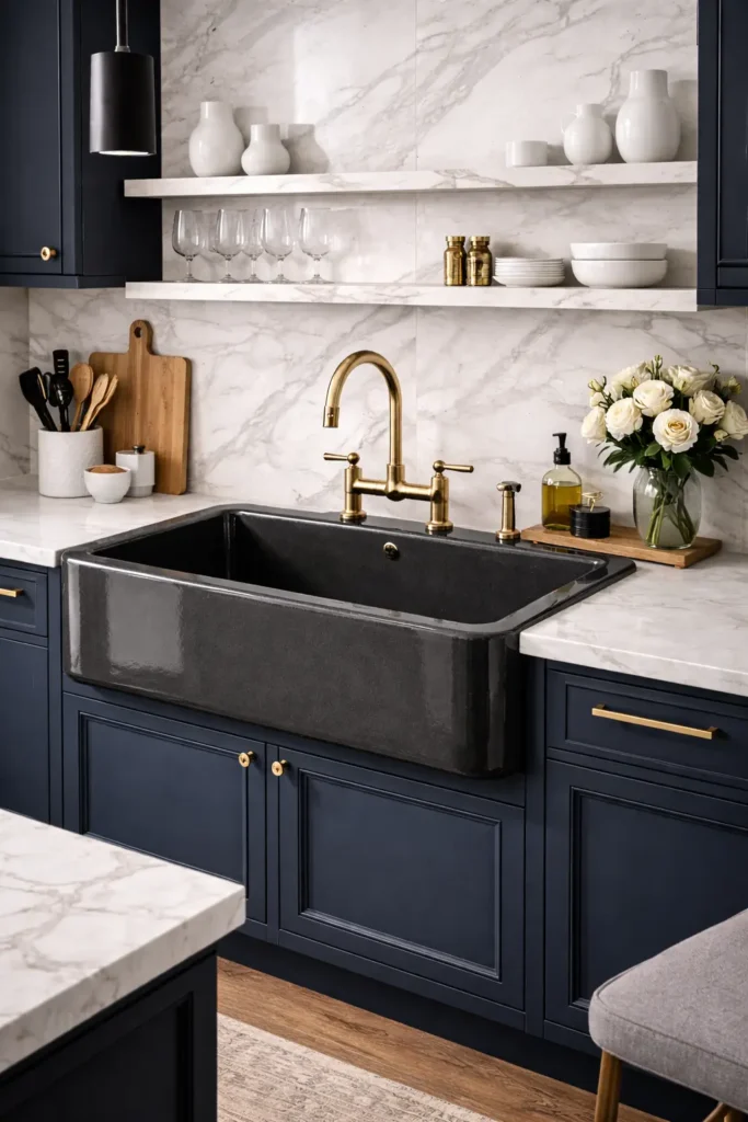 Navy blue painted cast iron kitchen sink
