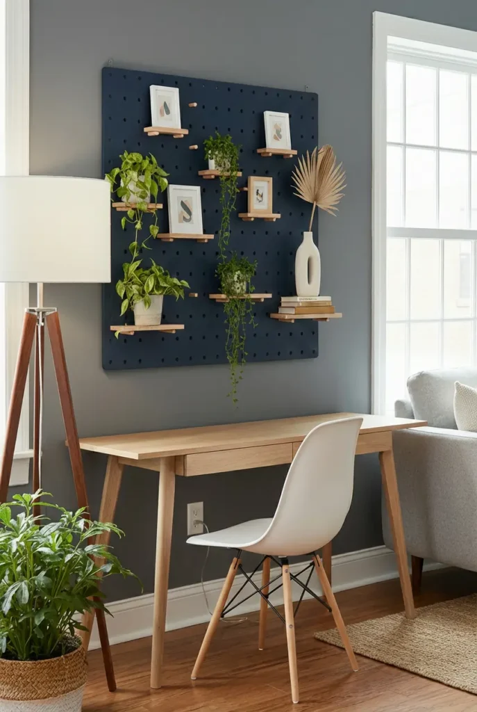 Navy blue pegboard wall organizer with plants