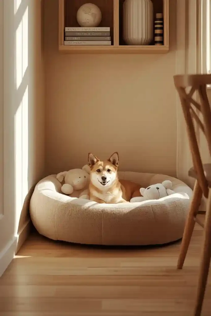 Pet bed and mat in corner with wall-mounted food bowl and toy storage basket