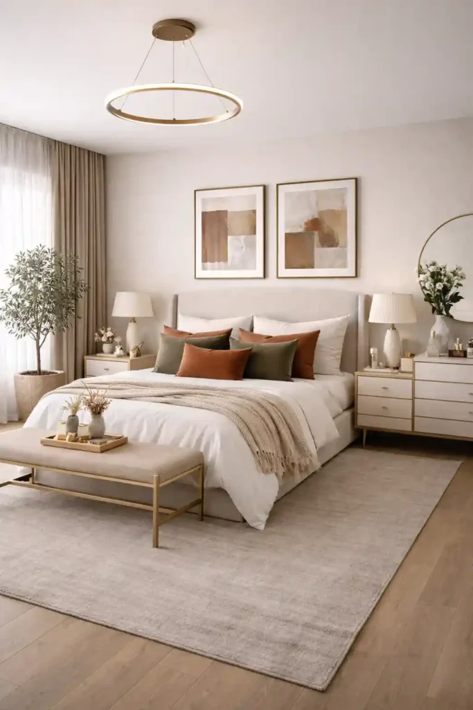 Linen headboard with layered pillows