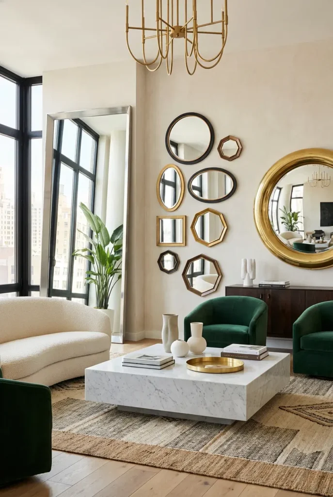 Large leaning mirror reflecting natural window light