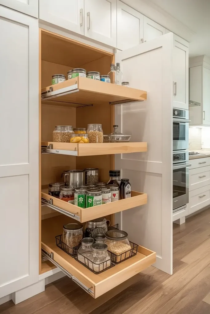 Pull-out sliding cabinet shelf for deep kitchen storage access