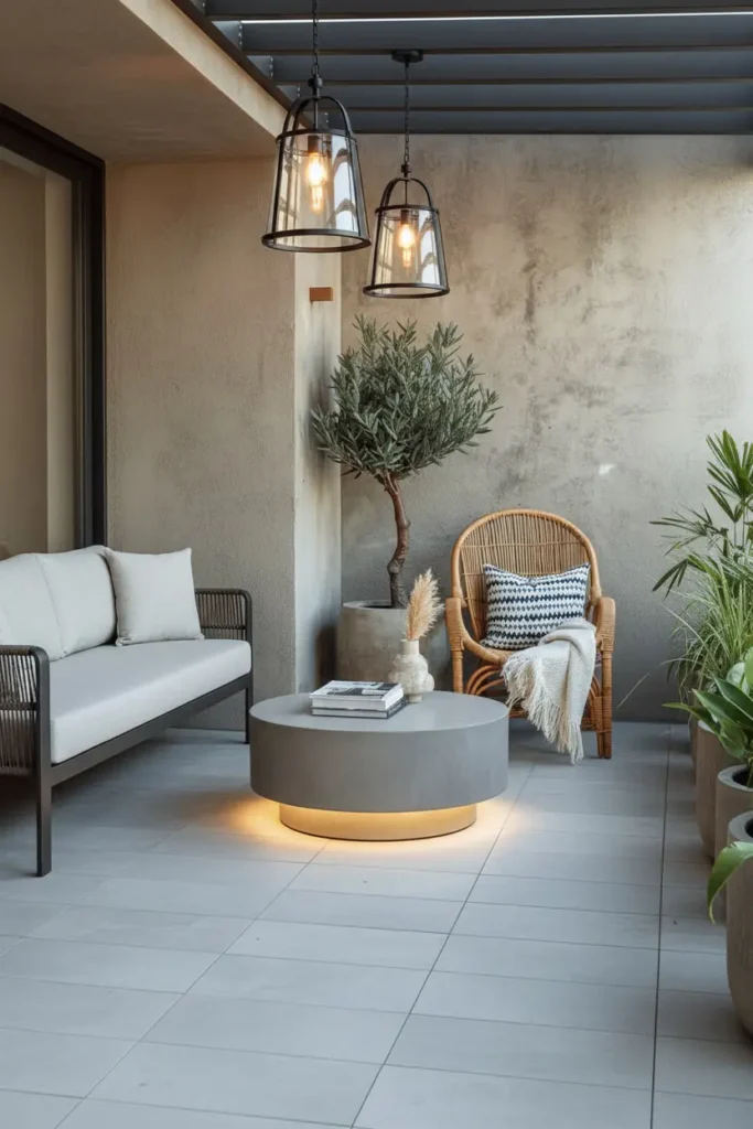Concrete pot with olive tree on patio
