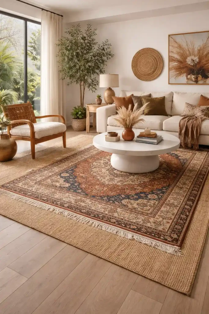 Two layered rugs on wood floor