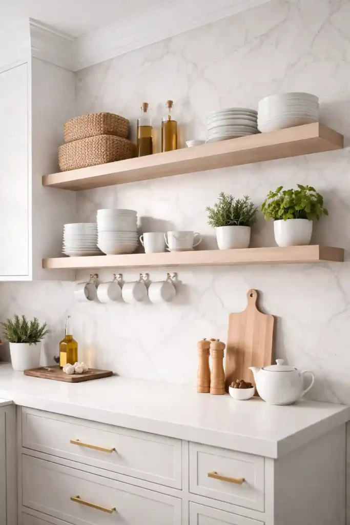 Open kitchen shelves with woven baskets