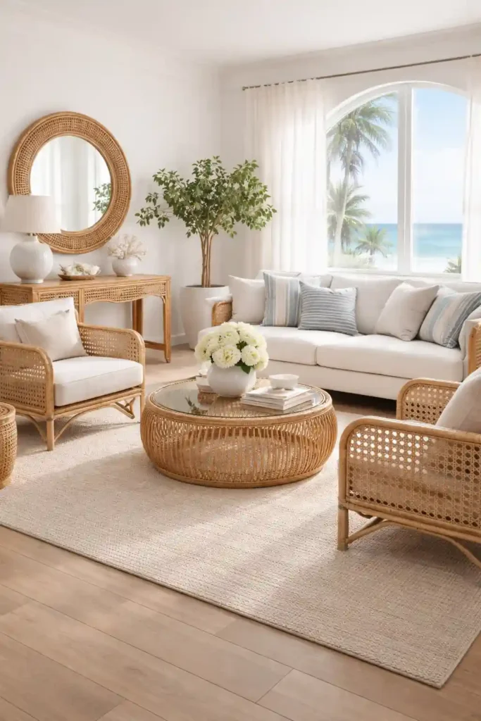 Rattan wicker chair in coastal room
