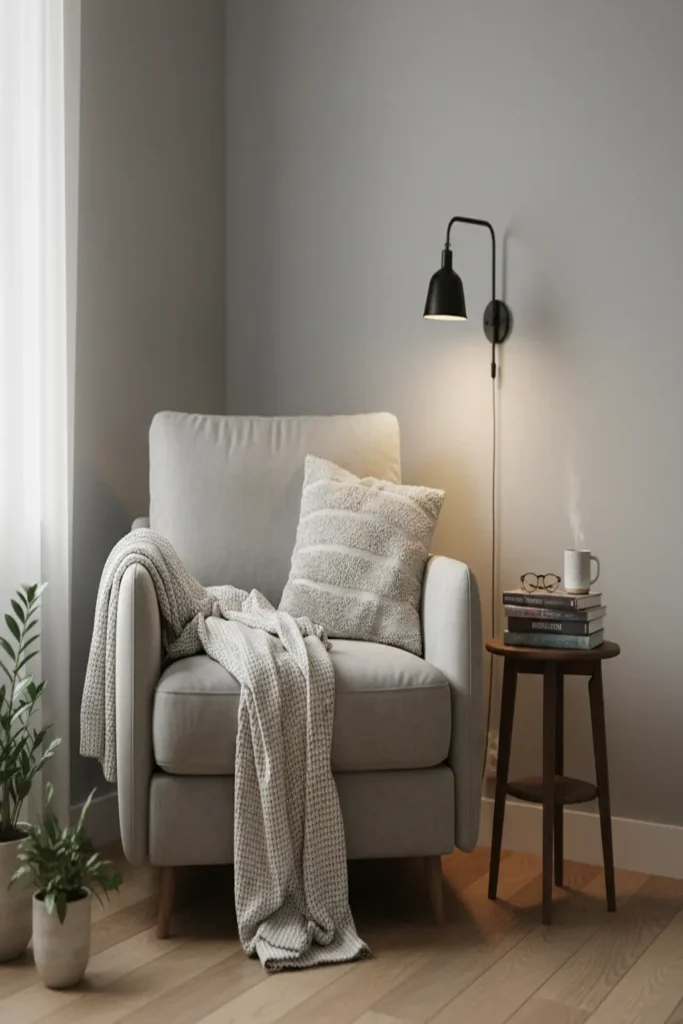 Cozy reading nook with comfortable accent chair, side table, and wall sconce lighting