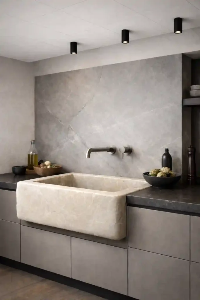 Reclaimed limestone sink with natural veining
