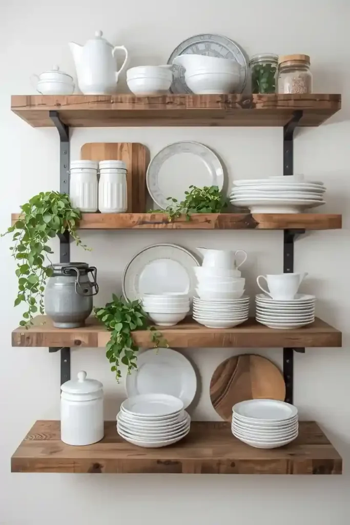 Rustic reclaimed wood kitchen shelves with warm natural finish