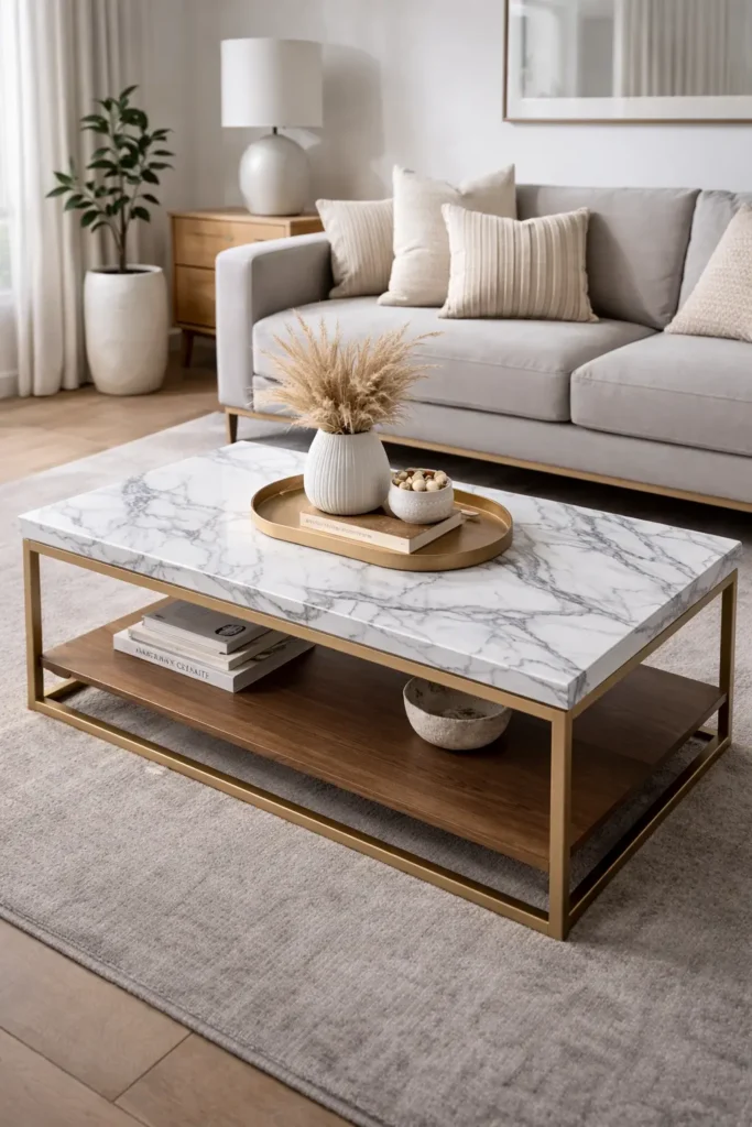 Marble contact paper on refinished coffee table