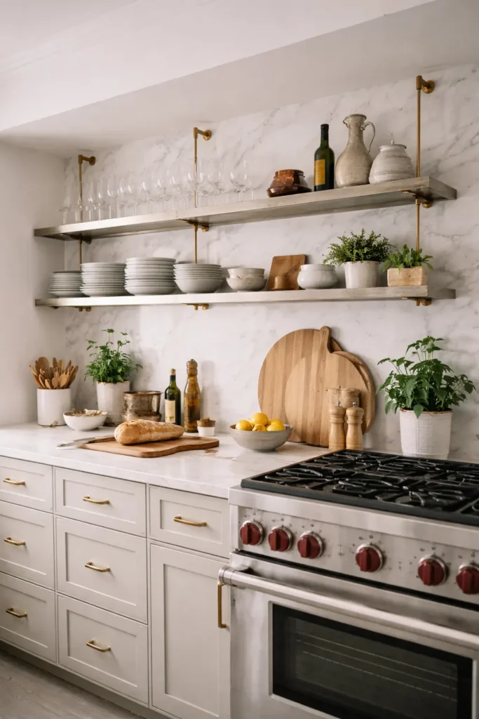 Commercial restaurant-style open stainless steel kitchen shelving