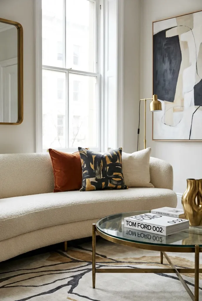 Colorful designer fabric throw pillows on sofa