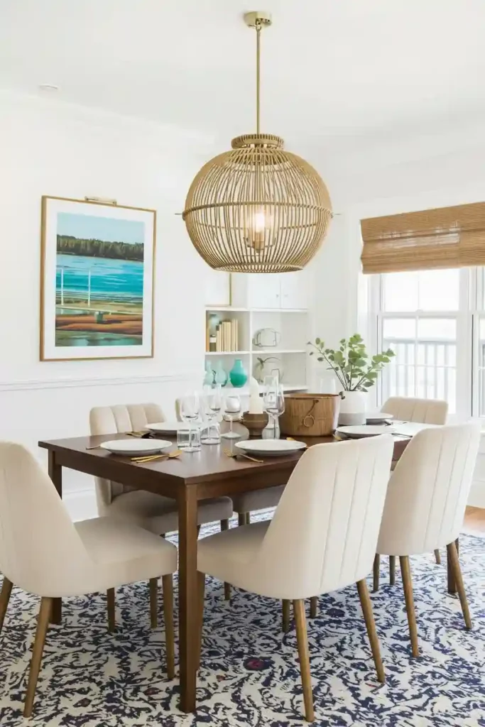 Rope lantern hanging above dining table

