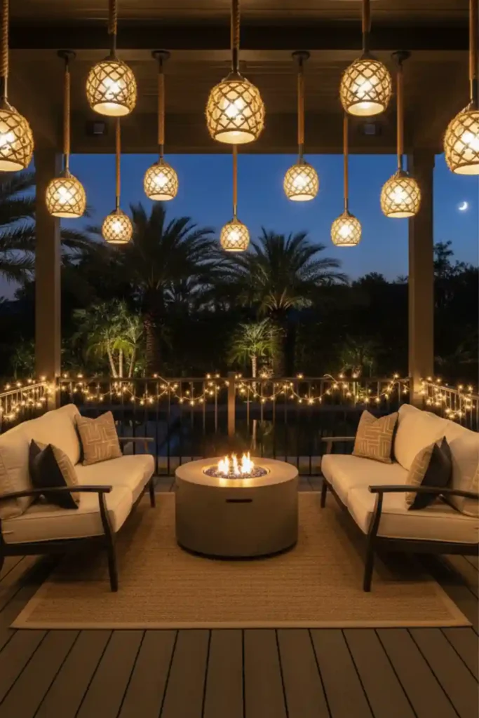 Rope lanterns on porch railing at night
