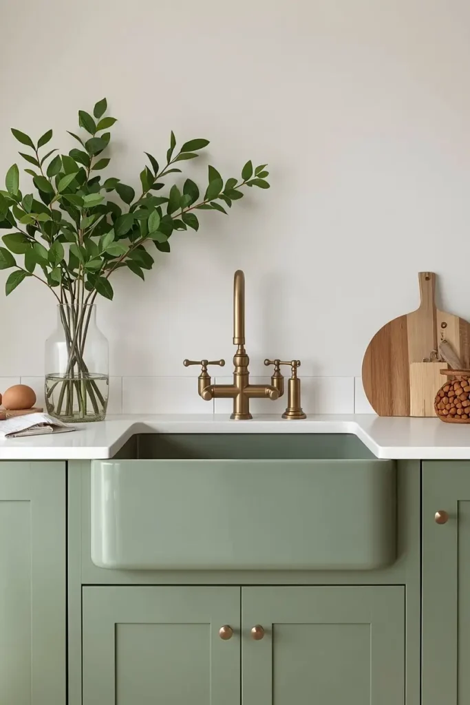 Sage green enamel sink with brass taps
