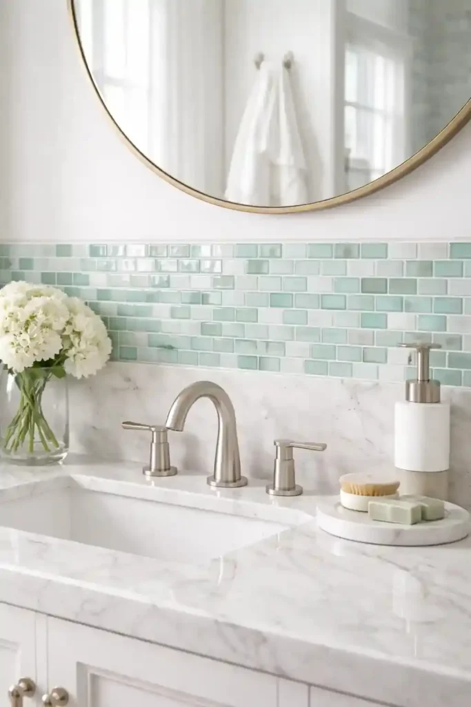 Sea glass tiles on bathroom shower wall
