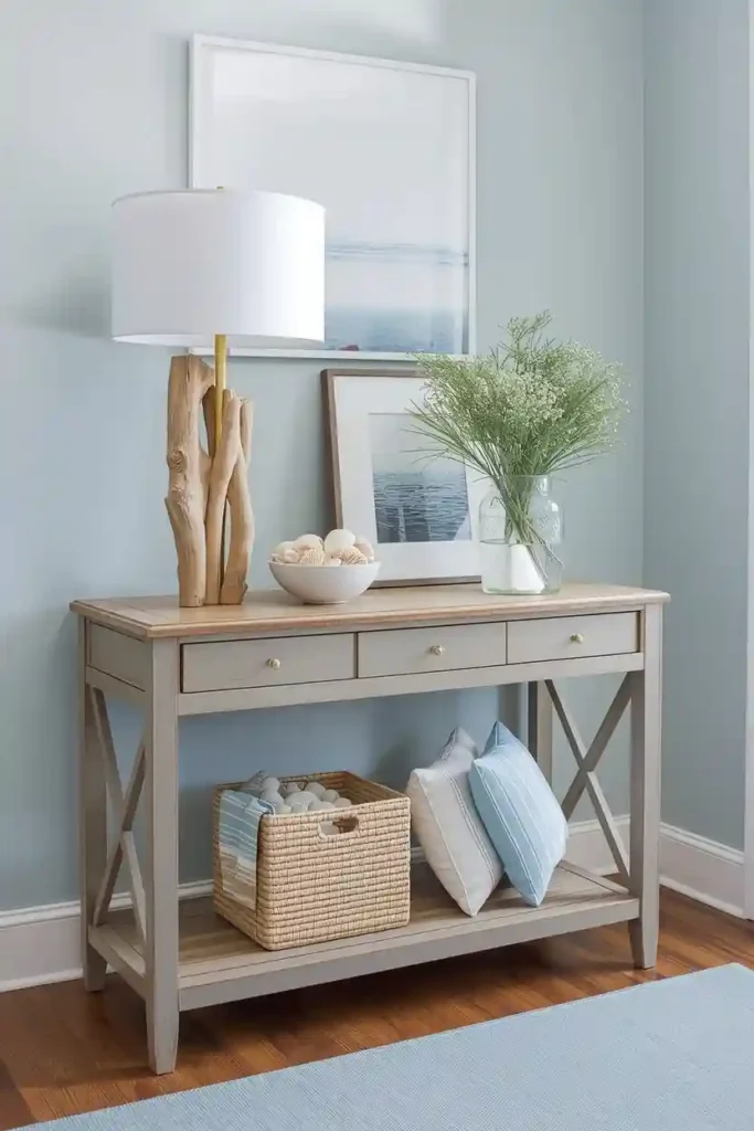 Coastal entryway console table with shells
