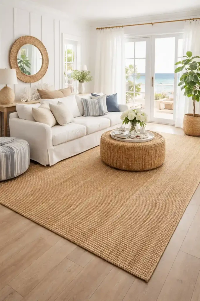 Natural seagrass jute rug on floor
