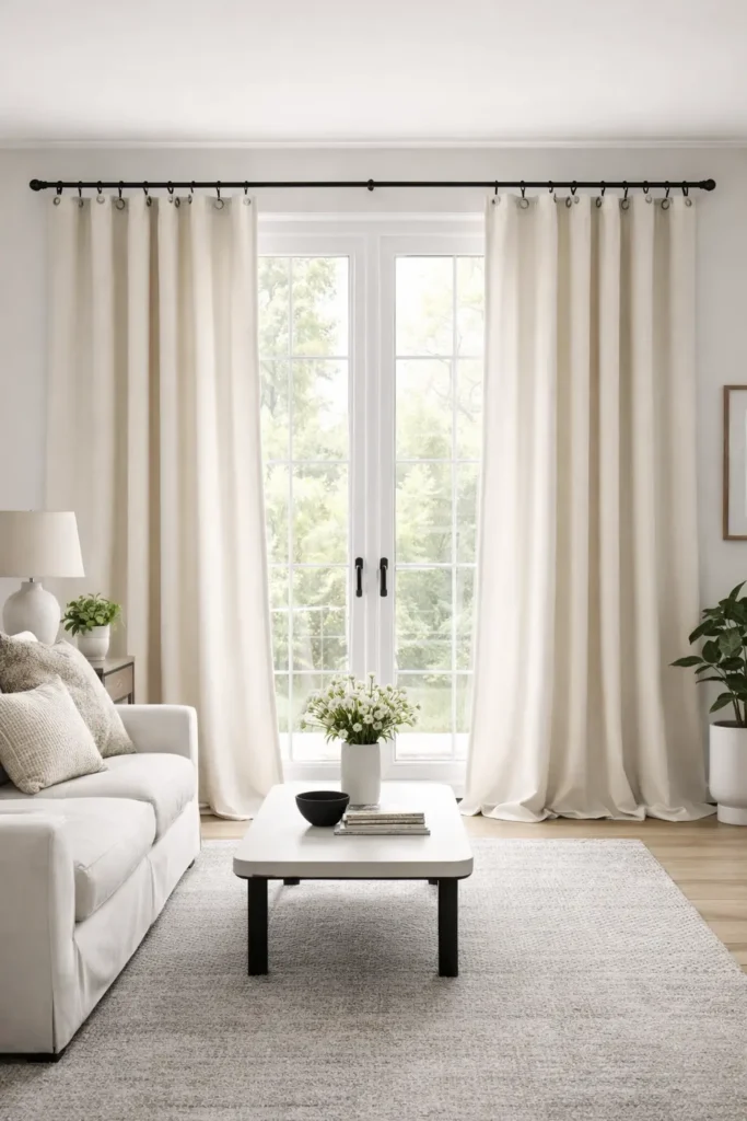 Natural canvas drop cloth curtains hung high