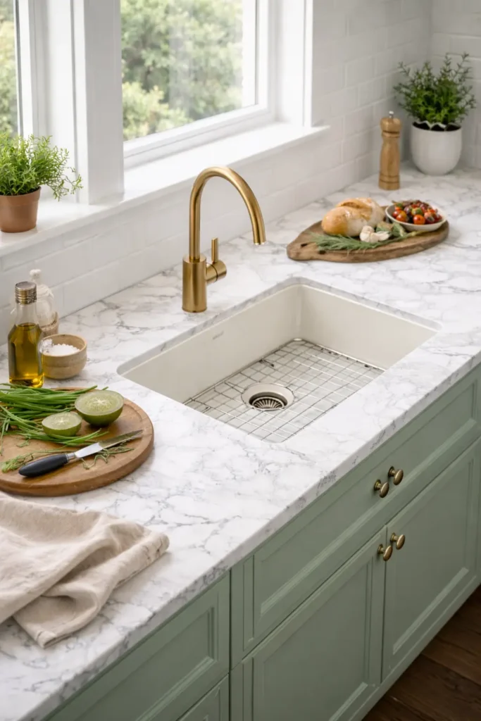 Shallow prep sink in antique white finish
