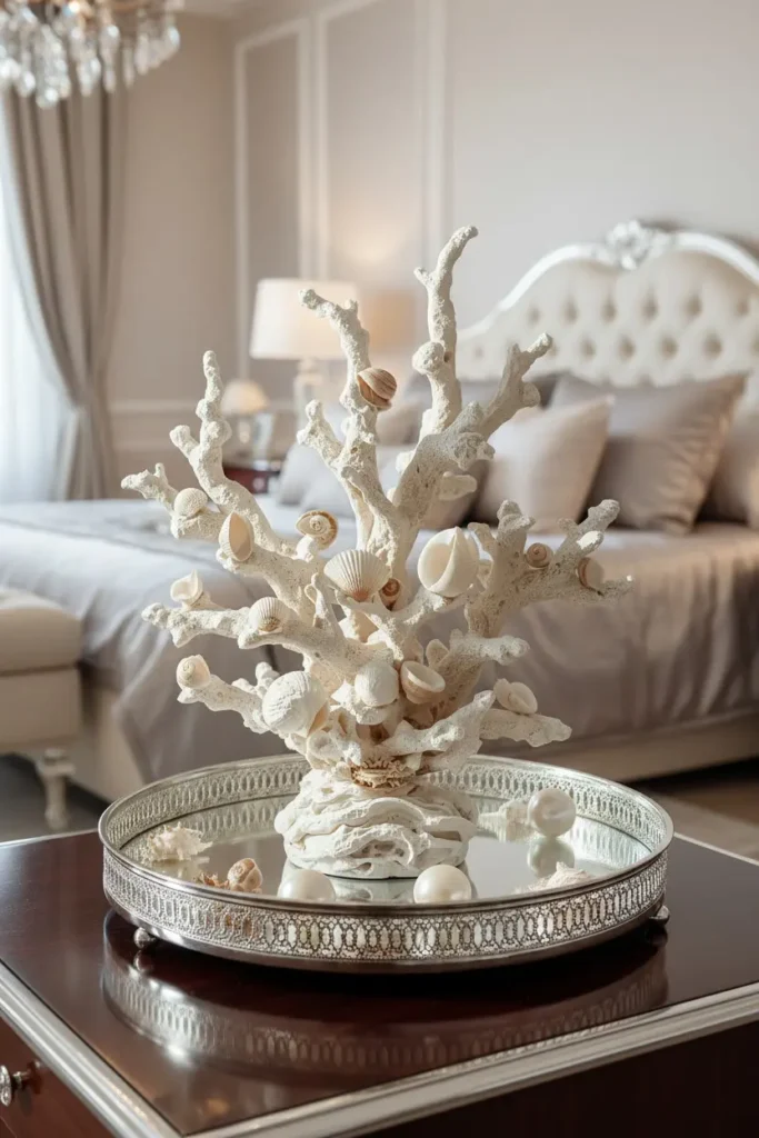 Shells and coral arranged in bowl
