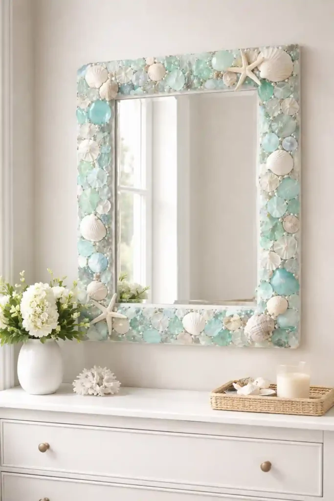 Mirror framed with sea glass and shells
