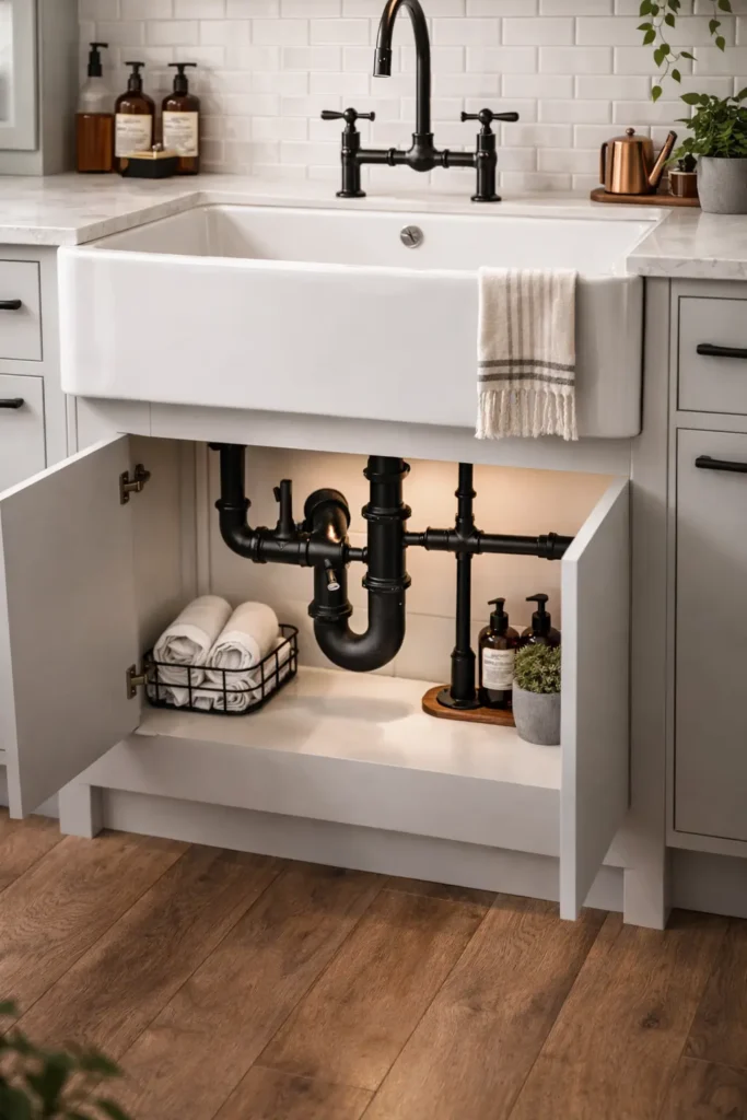 Kitchen sink with exposed matte black pipes
