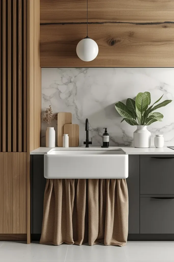 Vintage sink with floral linen fabric skirt
