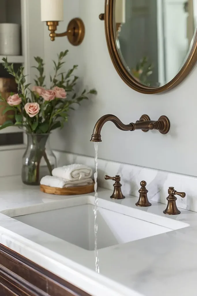 Vintage basin with wall-mounted bronze bridge tap
