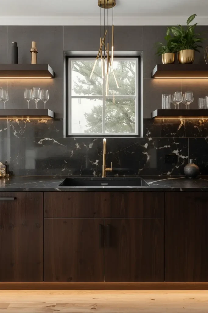 Kitchen sink with thick oak wood surround

