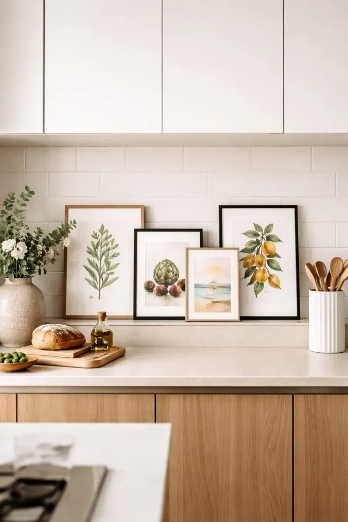 Small framed prints above kitchen cabinets
