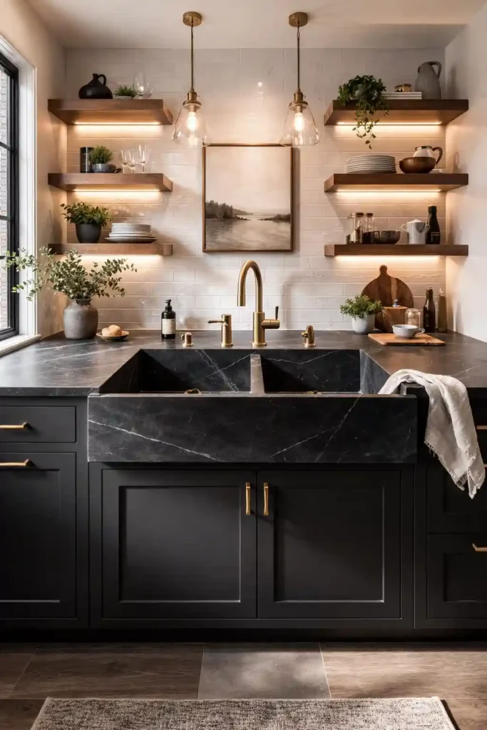 Soapstone double sink with white subway tile
