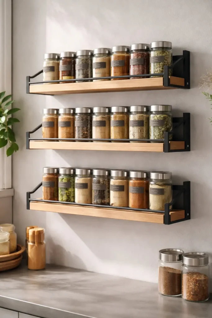 Narrow wall-mounted spice rack shelves with angled jar display