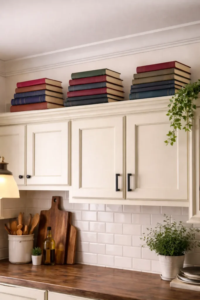 Stacked hardcover books above kitchen cabinets
