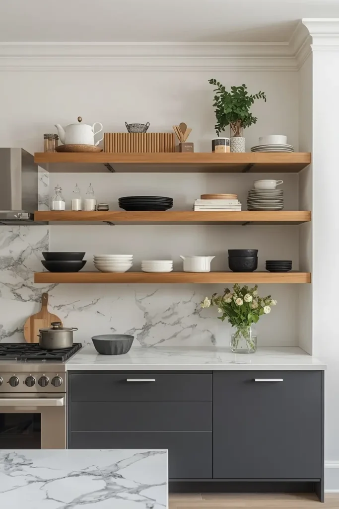 Asymmetric staggered kitchen shelves at varied heights for display