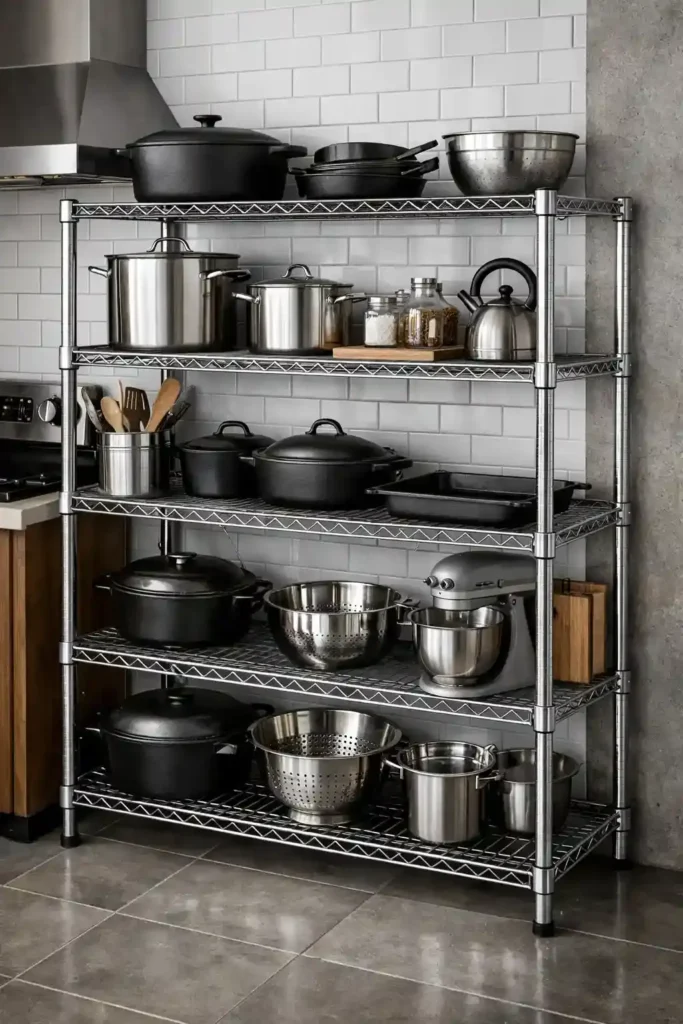 Stainless steel industrial kitchen shelves holding heavy cookware