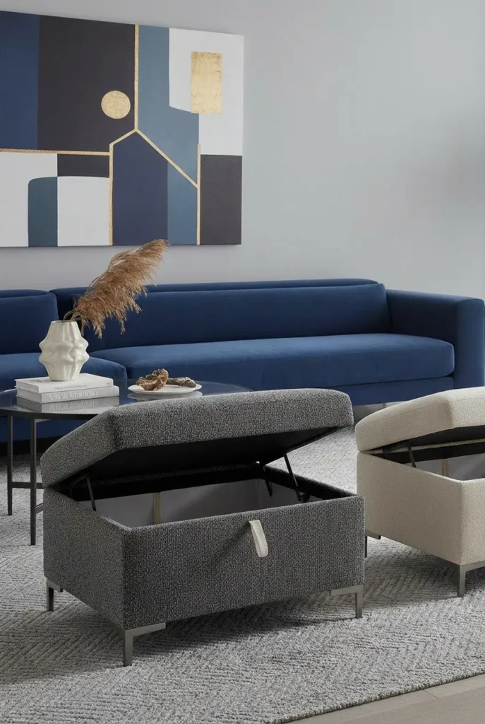 Upholstered storage ottoman with wooden legs